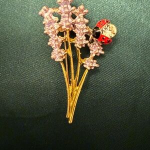 Gold and Purple Floral Brooch with Ladybug Accent